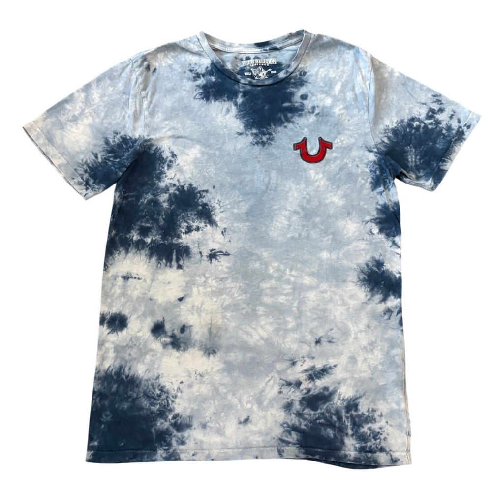 True Religion T-Shirt Mens XS Blue Tie Dye Buddha Logo Crew Neck